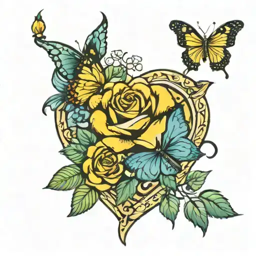 Heart With Butterfly Flying And Yellow Rose Intertwined Name Lemonn