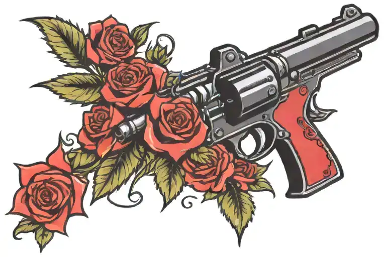 Black Pistol With Red Roses Coming Out Of The Barrel And Thorns Going Up The Gun