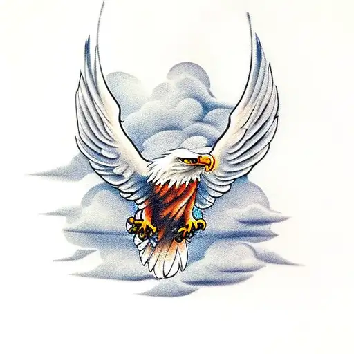 A Bald Eagle Inside Clouds With A Cross And The Word On Eagles Wings