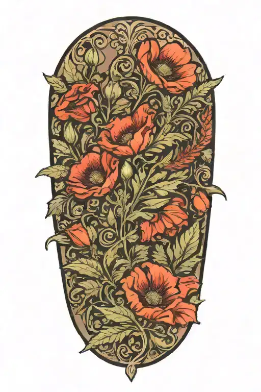 Ferns And Poppies In The Style Of Anton Mucha