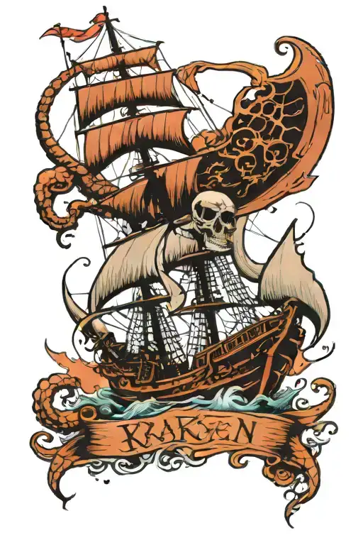 Kraken And Pirate Ship Navigating
