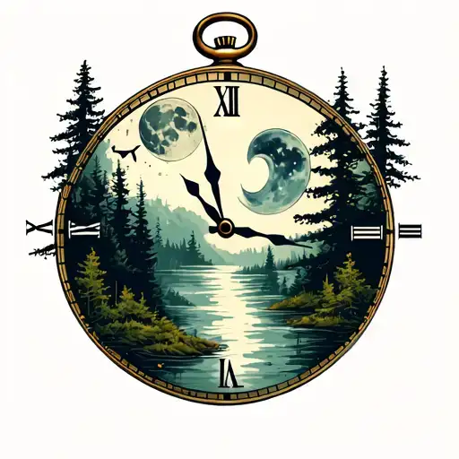 A Timepiece With A Moon And Forest Scene Inside