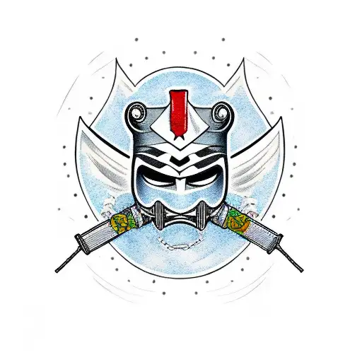 Mask With Katana And Tower And Lake