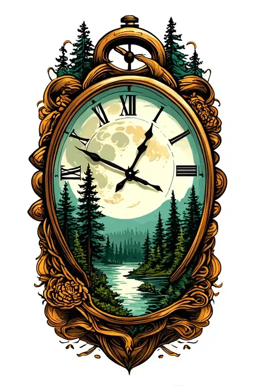 A Timepiece With A Moon And Forest Scene Inside