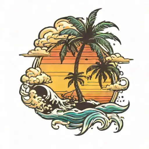 Ocean Sunset Storm Cloud Palm Trees