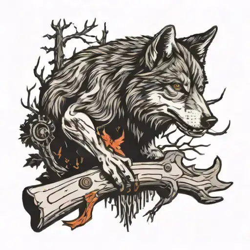 A Wolf And A Forest In Front Of Him A Stump In The Middle And A Chainsaw On It