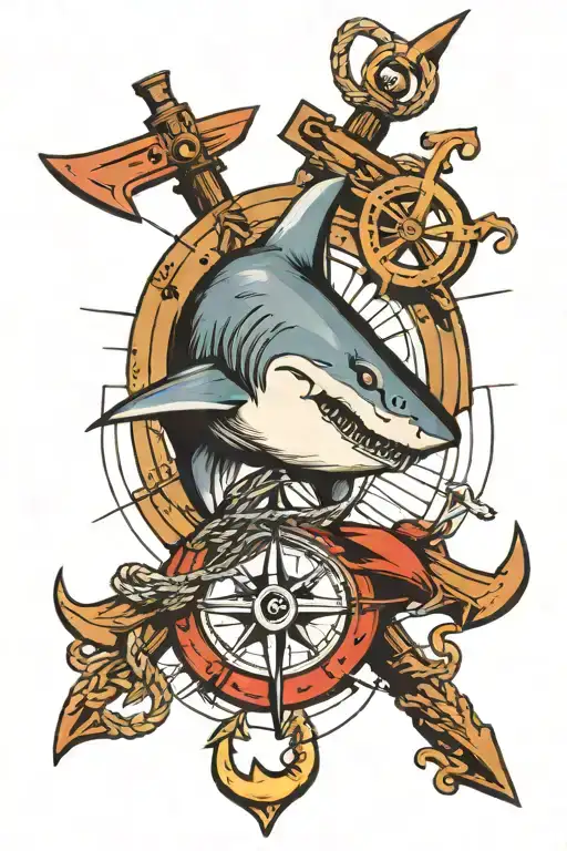 Shark With Anchor Compass And Rope