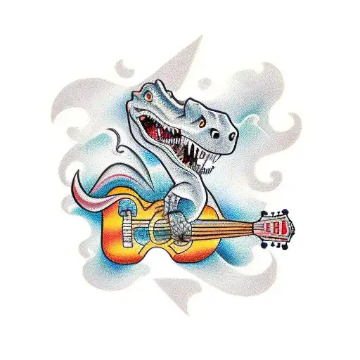 A Traditional Style Tattoo Of A Dinosaur Playing A Guitar