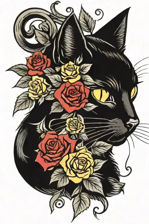 Black Cat Yellow Eyes And Red Roses