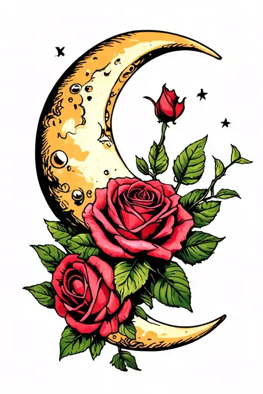 Simple Old School Tattoo With Moon And Rose's