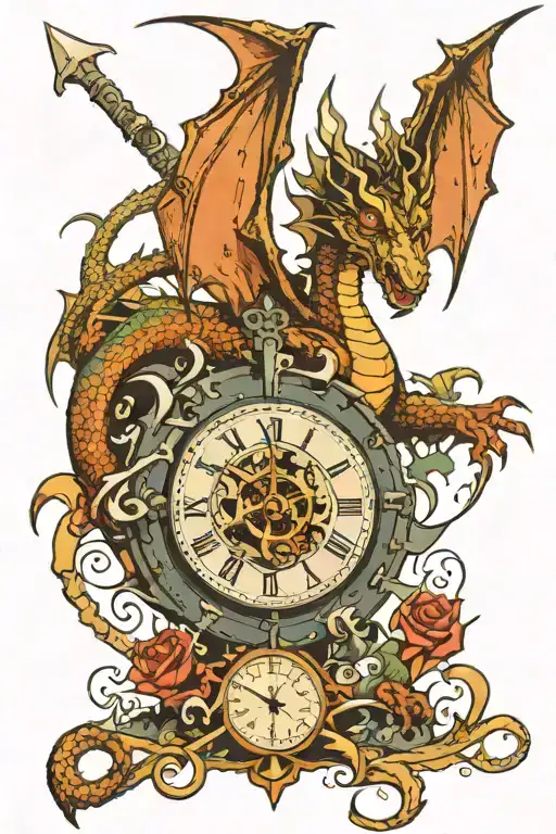Dragon With Broken Clock Face Shattered In Pieces With A Sword Piercing Through