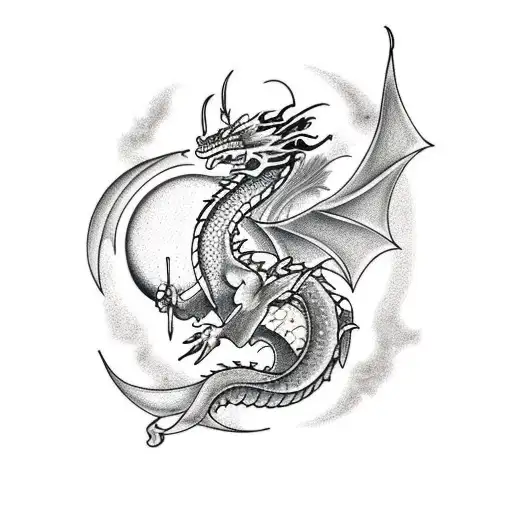 Dragon With Moon In Fineline For Arm