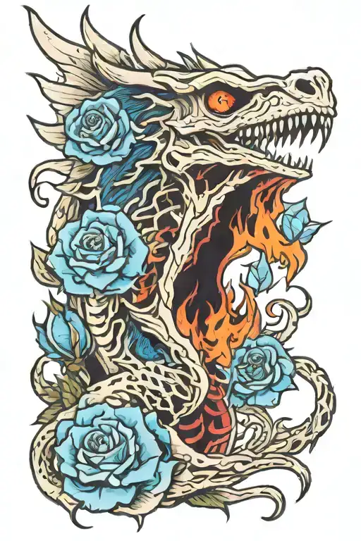 Skeleton Dragon Breathing Fire With A Blue Rose