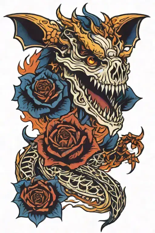 Skeleton Dragon Breathing Fire With A Dark Blue Rose