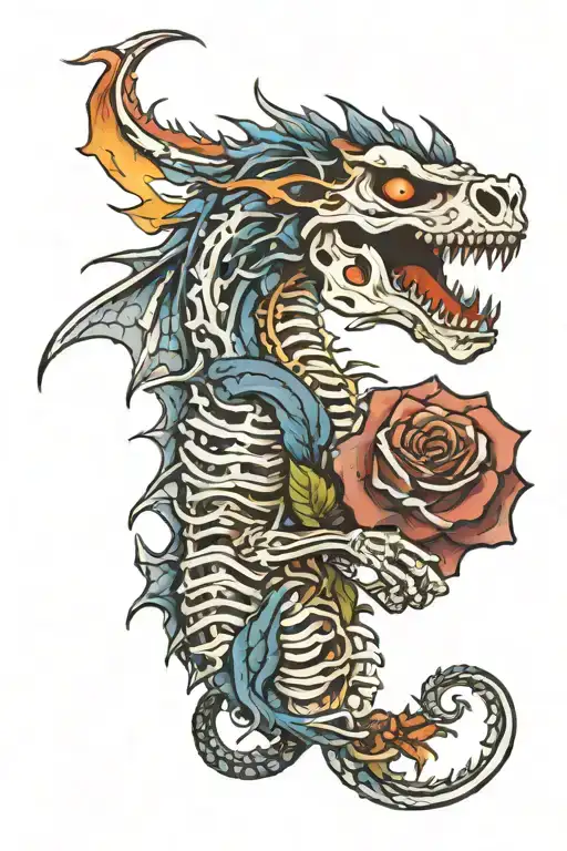 Skeleton Dragon Breathing Fire With A Dark Blue Rose