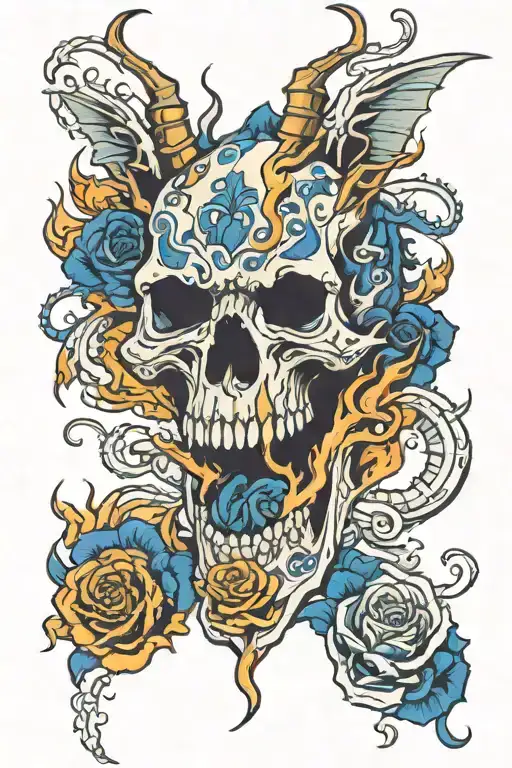 Skeleton Dragon Breathing Fire With A Dark Blue Rose