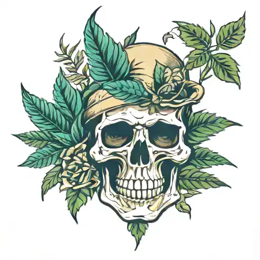 Skull And Marihuana Leaves Surrounding