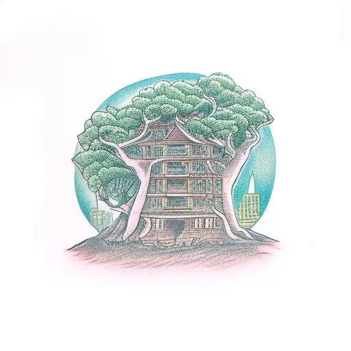 Large Trunk Big Tree Merging With A High City Building