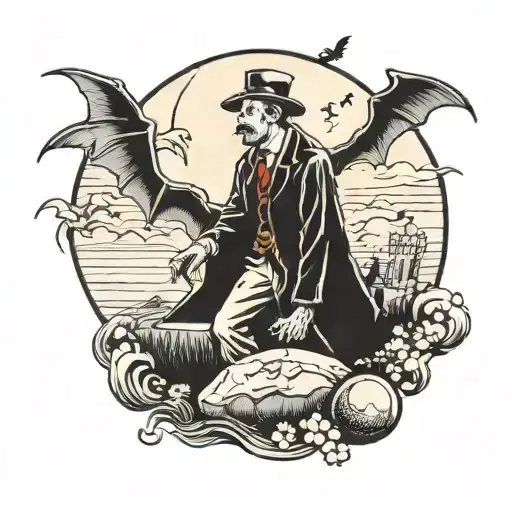Man Walking In Grave Yard With Moon In Sky And Bats