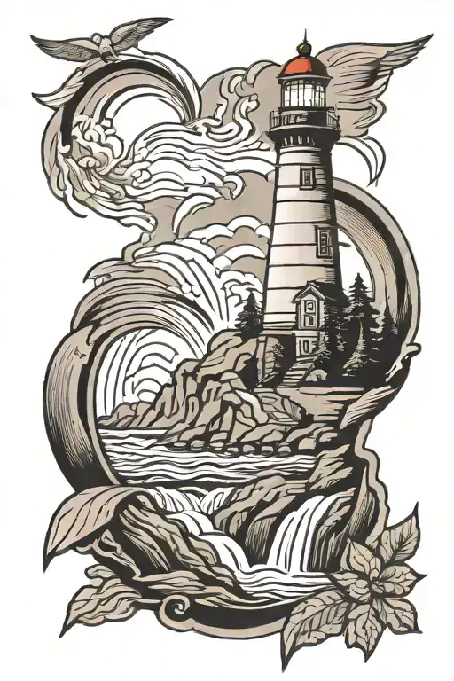 Lighthouse And Waterfall Cascading