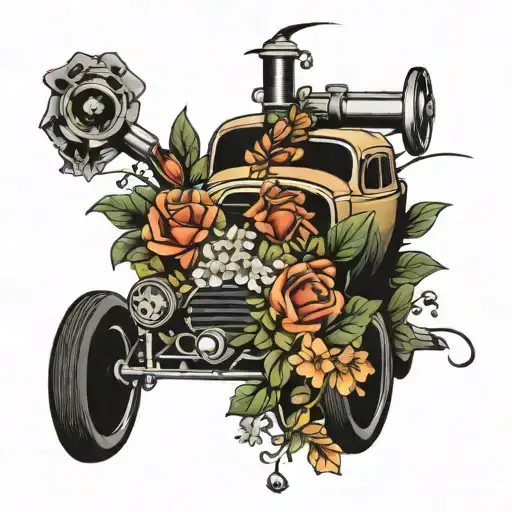 Design A Traditional Tattoo Featuring A Classic Car Surrounded By Various Types Of Flowers