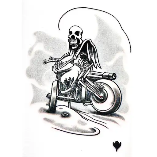 Grim Reaper Riding Motorcycle Tholrogh Graveyard With Pin-up Girl On Back