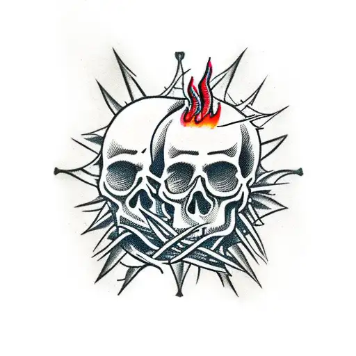 A Realistic Skull With A Wide Jaw And Crown Of Thorns In The Middle Of A Flaming Ace Of Spades Card