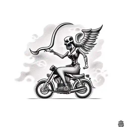 Grim Reaper And Pin-up Girl Riding A Motorcycle Through A Cemetery