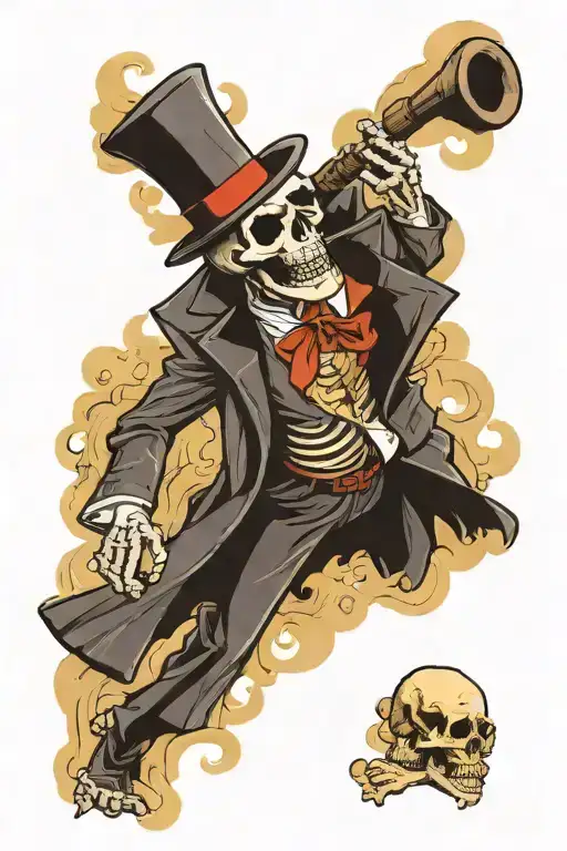 A Smiling Skeleton In A Mafia Suit Walking Through Smoke
