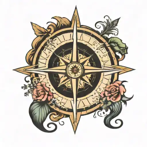 Traditional Style Compass Rose With Capricorn Zodiac Symbol At The Center