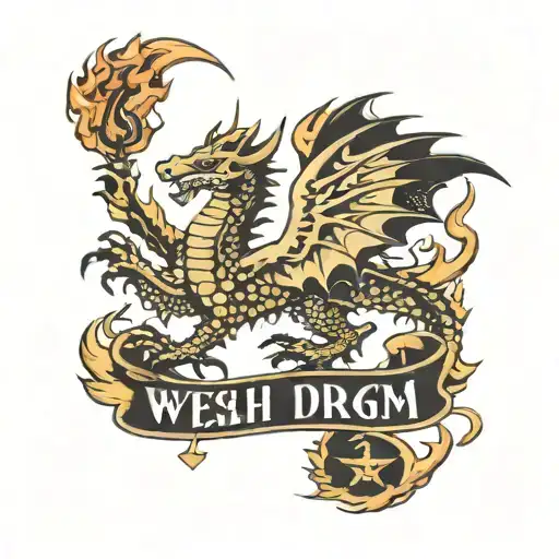 Welsh Dragon Breathing Fire With Writing 'Cymru Am Byth'