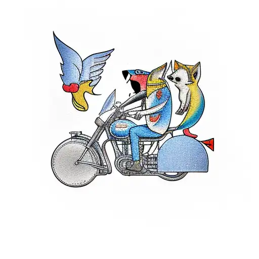 Parrot Riding A Motorcycle With Fox In Sidecar