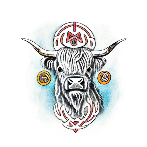 Highland Cow With Circle Of Anglo-saxon Runes Around It