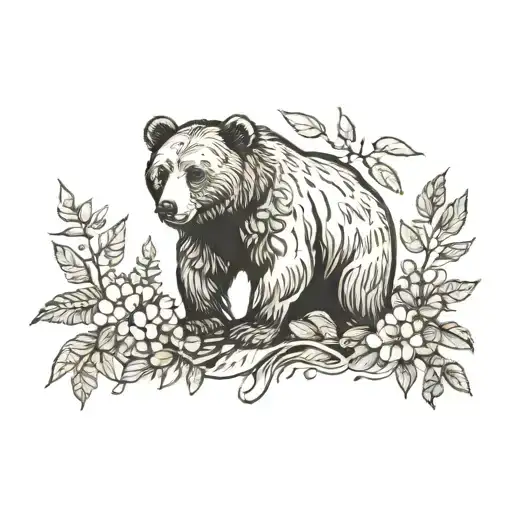 Bear Surrounded With Wildlife Plants Coming
