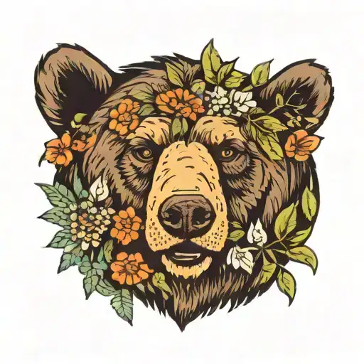 Bear Face Surrounded With Wildlife Plants And Flowers