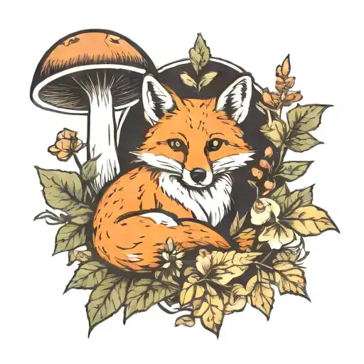 Ginger Fox Surrounded By Leaves And Mushrooms