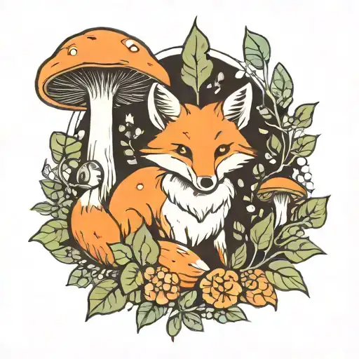 Ginger Fox Surrounded By Leaves And Mushrooms