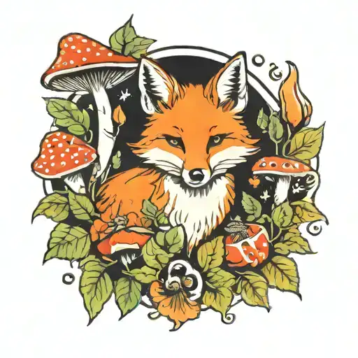 Ginger Fox Surrounded By Leaves And Mushrooms