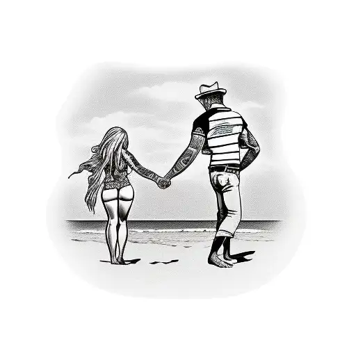 Daughter And Dad Holding Hands At The Beach Looking At Shells