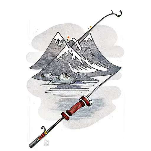 A Traditional Tattoo Of A Fishing Rod With A Majestic Mountain Backdrop