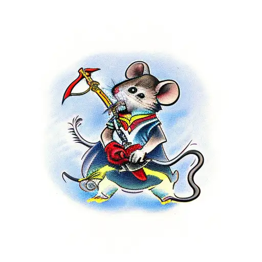 Traditional Tattoo Of A Heroic Mouse Wielding A Red Sword