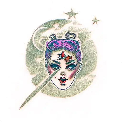 Girl With Peackock Siting On Moon