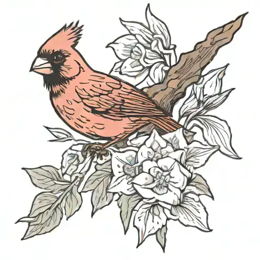 Cardinal With Narciss Flower And Daffodils