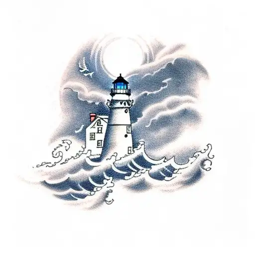 A Traditional Style Tattoo Of A Lighthouse Shining Over A Stormy Sea