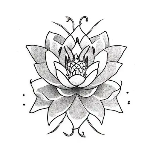 A Lotus Flower' Surrounded By A Python Snake With A Couple Of Japanese Red Lillies Flowers