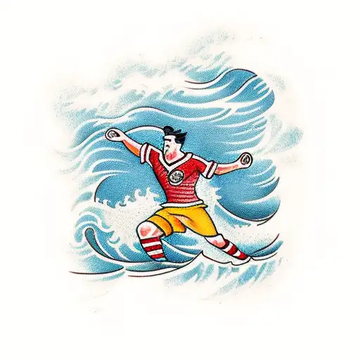 A Traditional-style Tattoo Of A Soccer Player Surrounded By Waves