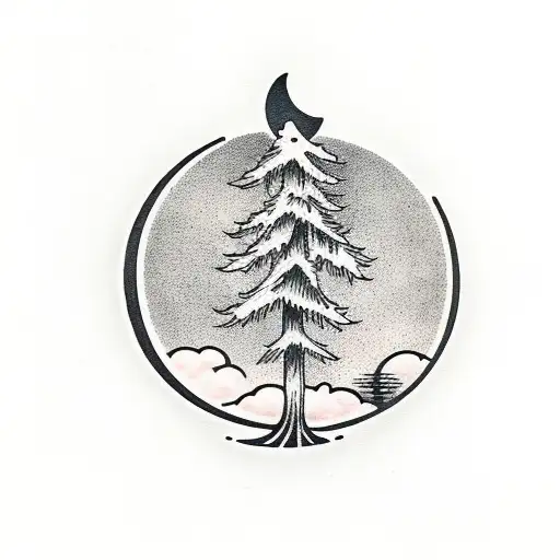 One Florida Pine Tree With A Half Moon In The Background