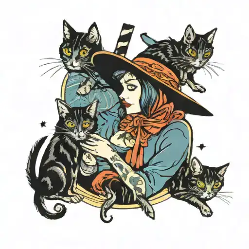 Witch With 4 Cats Playing
