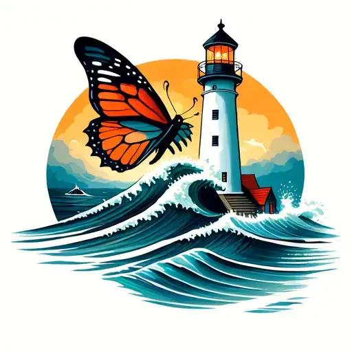 Lighthouse With Waves Crashing With Butterfly Emerging