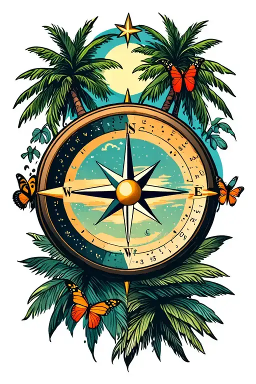 Compass Sunrise Stars Palmtrees Moon Butterflys